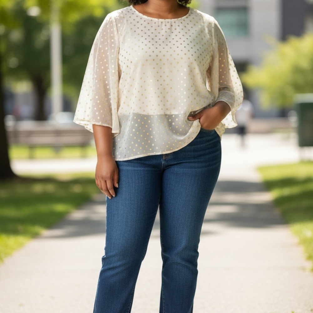 MANDY EVENS plus size Women's Gold Dot Sheer Cream Blouse size 1x